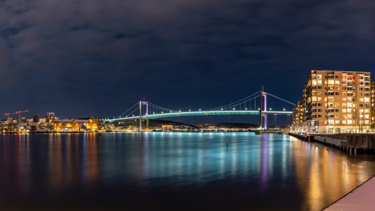 Gothenburg,Midnight,Skyline,With,Outlook,Over,Illuminated,Alvsborgs,Bridge,Reflecting